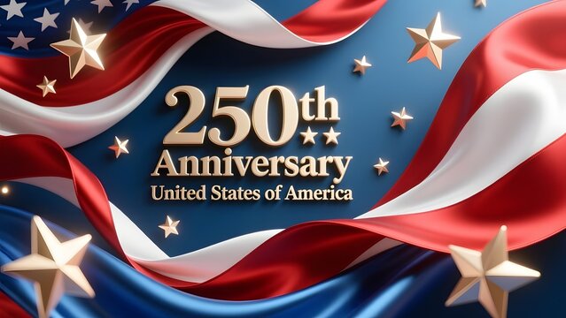 250th Anniversary United States of America commemorative banner, patriotic semiquincentennial celebration with silk flags and gold stars, elegant national holiday background