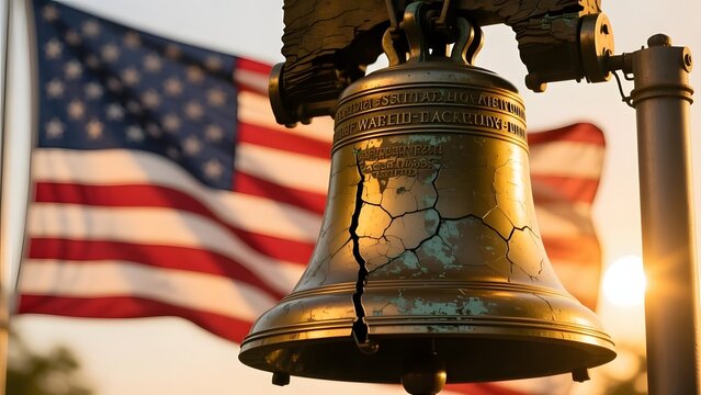 Historic Liberty Bell with crack at sunset, American flag background, bronze patriotic symbol of freedom and independence