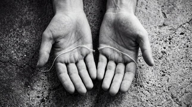 two open palms rest face up on rough ground, holding a thin piece of string that has snapped in two, conveying feelings of vulnerability, severing, and broken connections.