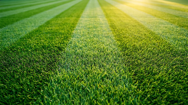 Professional Green Soccer Field Grass with Mown Stripes and Warm Sunlight Background for Sports Stadium Football Pitch and Athletic Turf Concepts