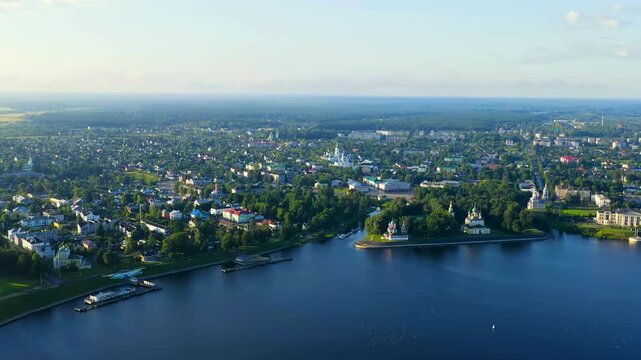 Uglich, Russia. Uglich city from the air, Uglich Kremlin, the main attraction of the city. Early morning. Drone footage