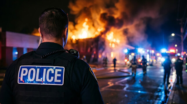 Rear view of a police officer in tactical gear monitoring a catastrophic building fire at night with emergency vehicles and first responders present