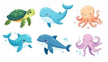 Fototapeta premium Adorable sea animal vector set featuring turtle, whale, octopus, dolphin, and squid in water
