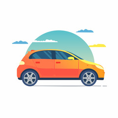 Obraz premium Orange hatchback car illustration with clouds and sky background