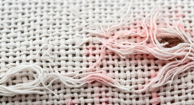 Textile fabric macro detail, shredded threads with texture background.
