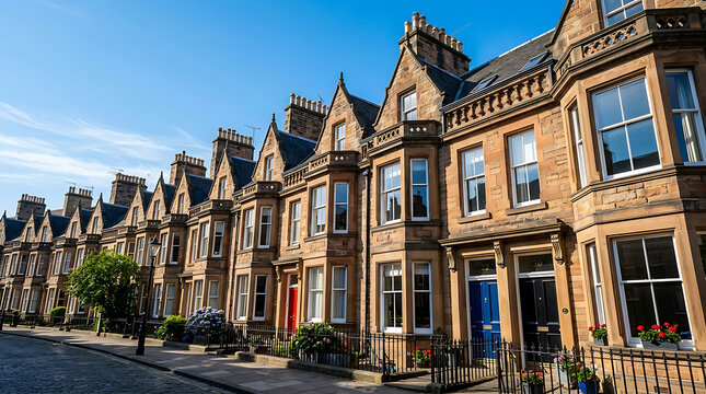 Beautiful Victorian sandstone terraced houses in Edinburgh Scotland featuring elegant bay windows and colorful doors on a sunny residential street