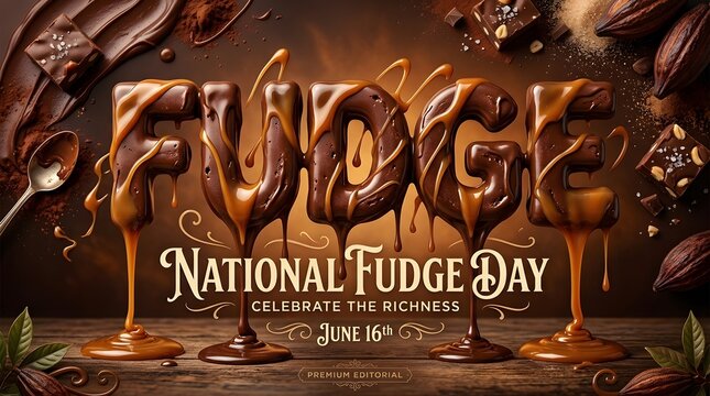 Melted chocolate letters spelling fudge for national fudge day celebration
