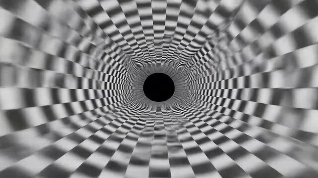 A black and white checkered tunnel creates a deep optical illusion