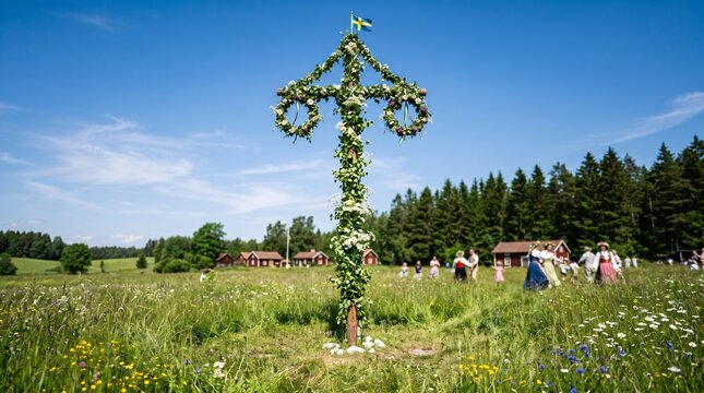 Traditional Swedish Midsummer maypole standing in center of a lush green meadow
