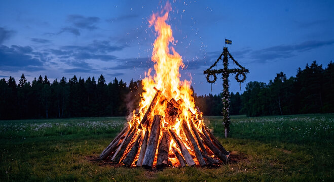 Roaring bonfire, twilight sky, midsummer pole behind with Swedish flag