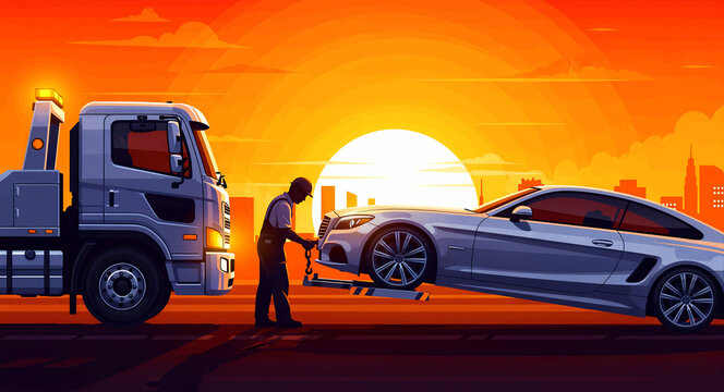 Tow truck driver loading a disabled car onto a recovery vehicle at sunset. Mechanic prepares to tow a coupe on a city road. Roadside assistance concept for automotive insurance and repair marketing.