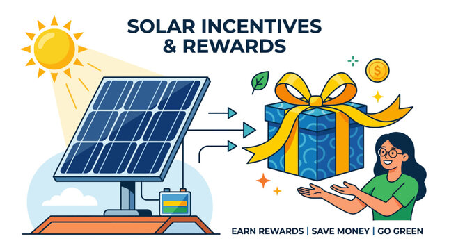 Solar Panel Incentives and Rewards: Sun, Gift Box, Woman, Money, Green Energy