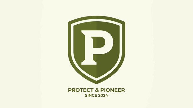 Green Shield with Letter P Logo, Protect & Pioneer Text, Emblem, Security, Company Identity
