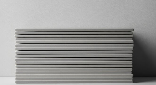 Stacked smooth grey ceramic tiles with a matte finish create a textured horizontal pattern