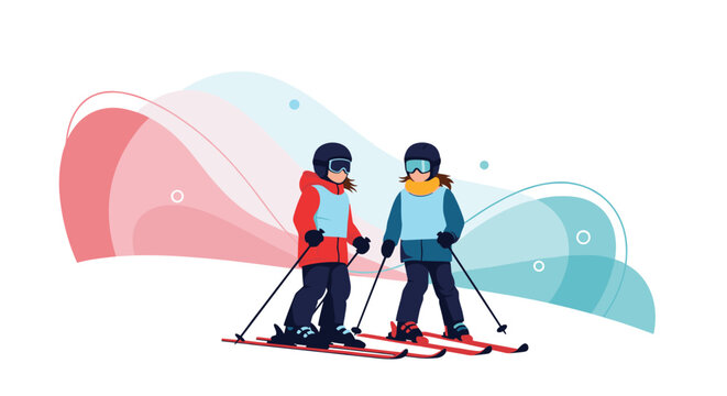 Two young children dressed in winter gear and goggles enjoy skiing down a snowy slope with an artistic and colorful flowing background design.
