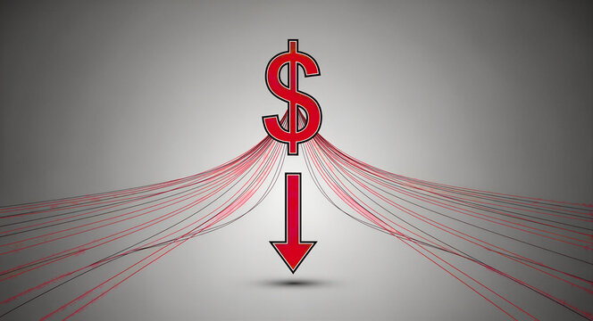 Red dollar sign with downward arrow illustrating economic decline. Converging lines emphasize financial loss and currency devaluation. Concept for market crash, inflation, and business crisis.