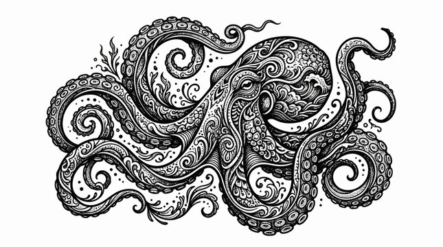 Intricate patterned octopus with swirling tentacles in woodcut style.