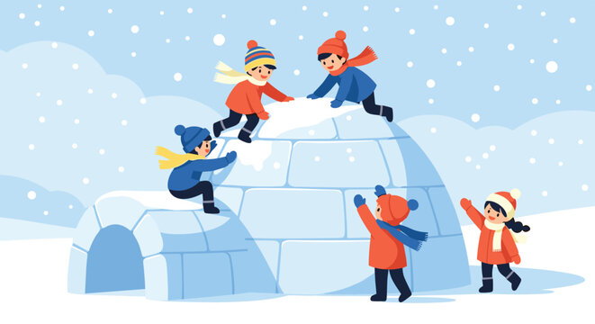Group of energetic children wearing winter clothes and hats working together to build a large igloo during a heavy snowfall outdoors.