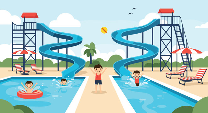 Vibrant water park featuring blue spiral slides and swimming pools where children are playing and splashing during a sunny summer day.