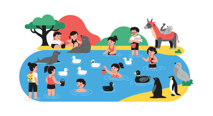 Fototapeta premium Surreal scene showing children playing in a large swimming pool filled with ducks, seals, penguins, and a donkey in a park.