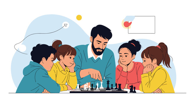 Patient male teacher teaching a group of attentive young students how to play chess on a board in a quiet classroom setting.