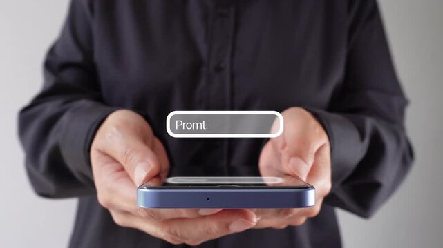 Businesswoman holding a cell phone with an animation of a field to write a prompt for artificial intelligence