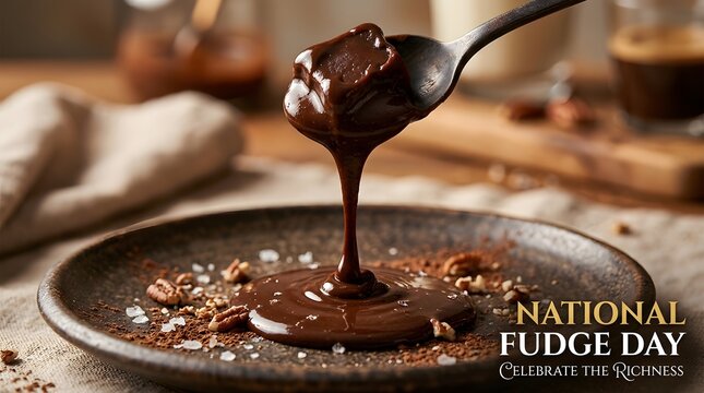 Chocolate fudge drizzling from spoon onto plate for national fudge day