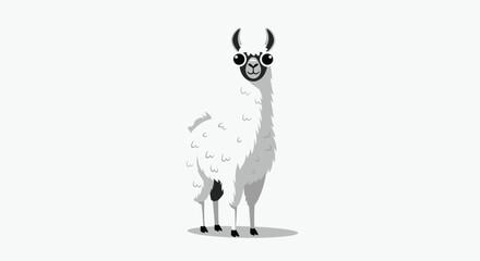 Naklejka premium Cute black and white illustration of a fluffy llama standing gracefully against a simple grey background with soft light.
