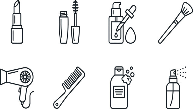 Cosmetics and hair care line icon set with lipstick mascara serum makeup brush and salon beauty symbols vector
