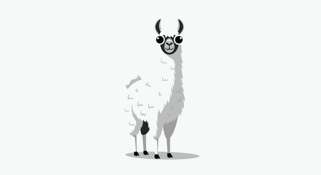Cute black and white illustration of a fluffy llama standing gracefully against a simple grey background with soft light.
