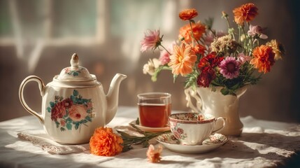 Fototapeta premium Charming vintage tea setup with floral teapot, delicate cup, and fresh garden flowers creating a warm and inviting atmosphere for serene moments
