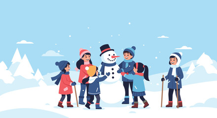 Fototapeta premium Group of children in warm winter clothes building a large snowman in a beautiful snowy mountain landscape setting.