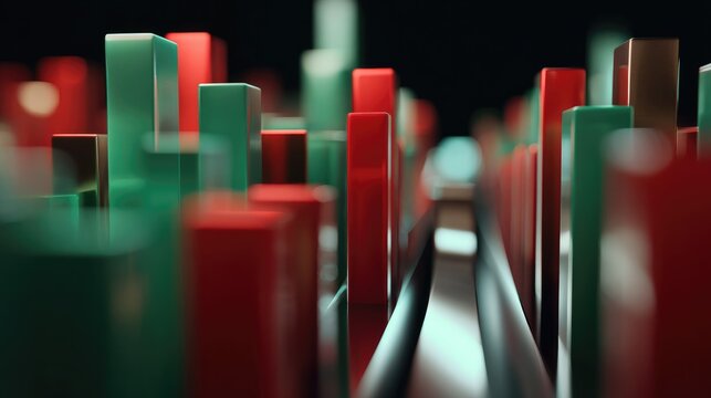 Abstract Geometric Composition: A vibrant arrangement of red and green rectangular prisms rise in a structured yet abstract cityscape.