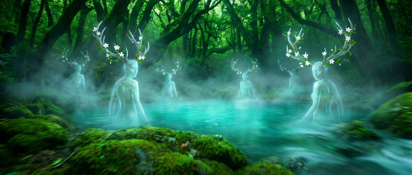 Mythical spirits with flower antlers standing in a glowing pond. Ethereal dryads emerge from mist within a lush enchanted forest. Fantasy nature guardian concept for mystical storytelling visuals.