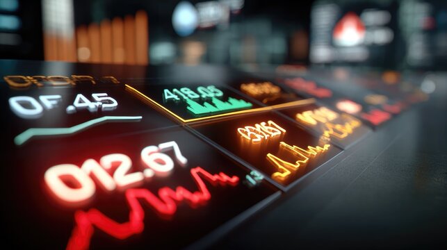 Digital Stock Market Display: A vibrant, glowing display of digital stock market data shows fluctuating graphs and numerical values, representing the dynamic world of finance and investment.