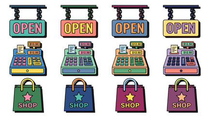 Fototapeta premium Set of colorful open sign and shopping bag icons