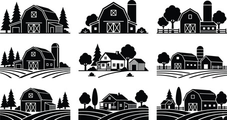 Obraz premium Agricultural Farmhouse and Barn Skyline Icons Featuring Rural Country Scenes
