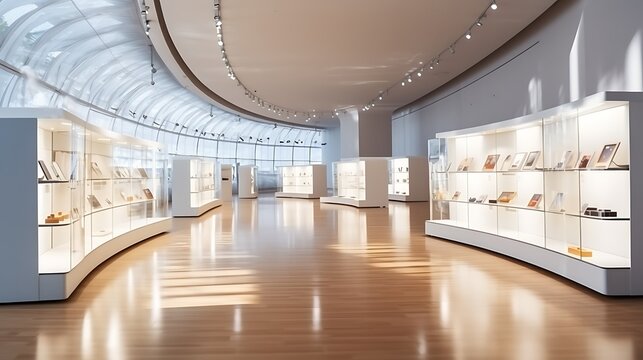 Modern spacious art exhibition hall with bright lighting and wooden flooring showcasing sculptures and installations