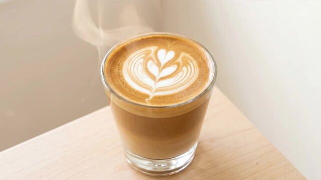 A glass of hot latte coffee with beautiful heart latte art