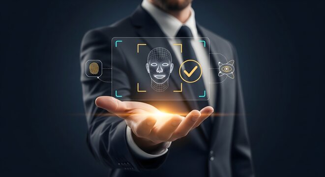 A business professional holds a digital interface featuring facial recognition and biometric security icons.