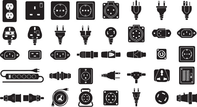 Electric plug icons, power outlet symbols, 40 black plug types, vector electrical connectors