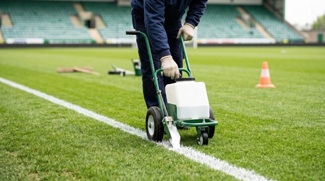 Professional groundsman marking white boundary lines on a grass football pitch for sports event preparation, ideal for stadium management websites and sports industry blogs