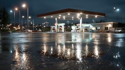 Fototapeta premium Rainy Night Gas Station: A deserted gas station is illuminated by streetlights and canopy lights on a dark, rainy night, with reflections shimmering on the wet pavement.