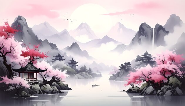 A serene landscape with pink cherry blossoms, a pagoda, and misty mountains