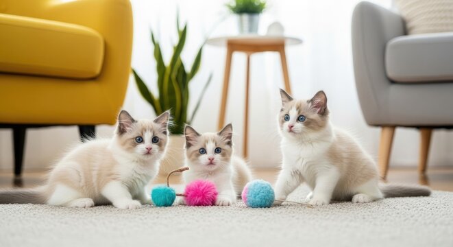 Three adorable kittens playing indoors together.