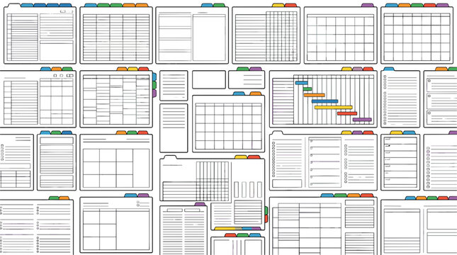 Colorful calendar planner with various layouts and schedules
