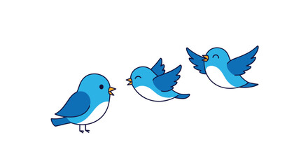 Fototapeta premium Trio of small cute blue birds flies together in the air with their wings spread wide and beaks open as if they are singing for a spring theme.