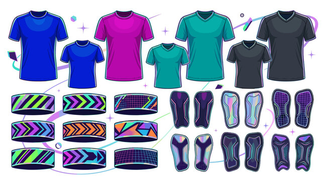 Set of colorful sports jerseys and matching athletic shoes for team