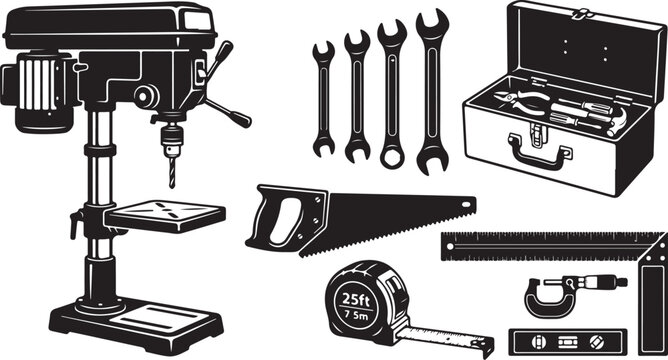 Drill press, tools, and equipment, industrial workshop icons, black and white, 8 elements