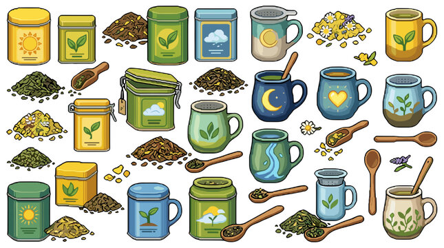 Collection of various herbs and spices in jars and cups on table